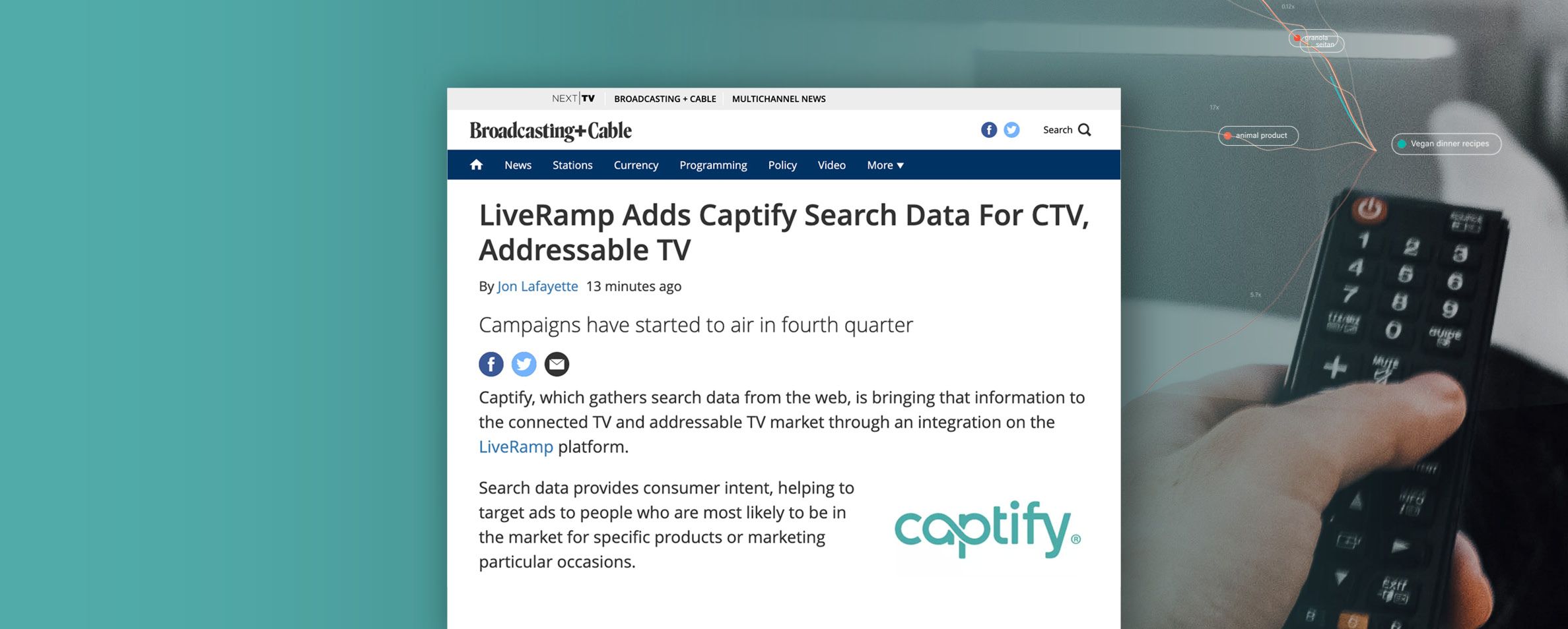 Broadcasting & Cable: LiveRamp Adds Captify Search Data For CTV, Addressable TV