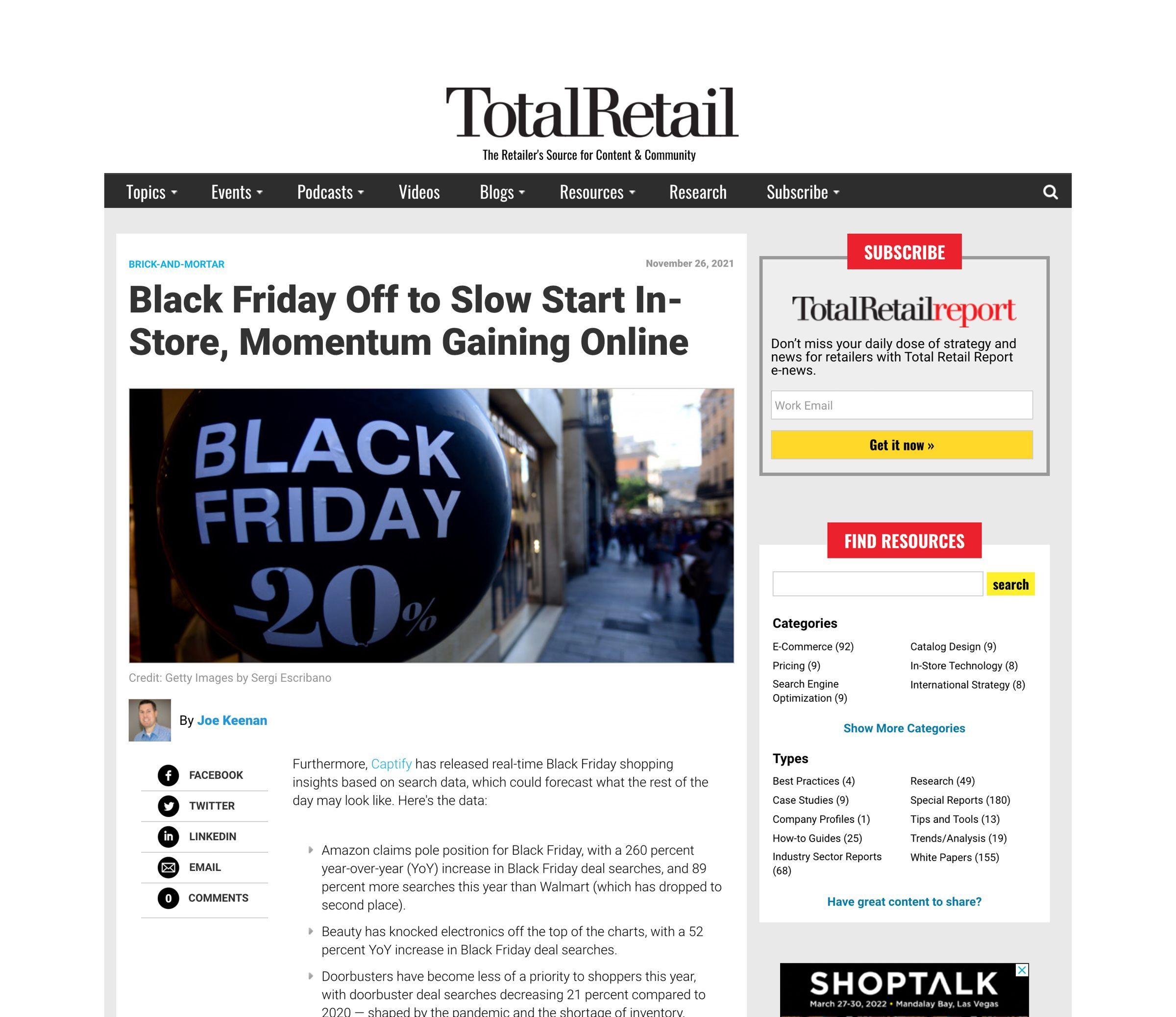 Total Retail: Black Friday Off to Slow Start In-Store, Momentum Gaining Online