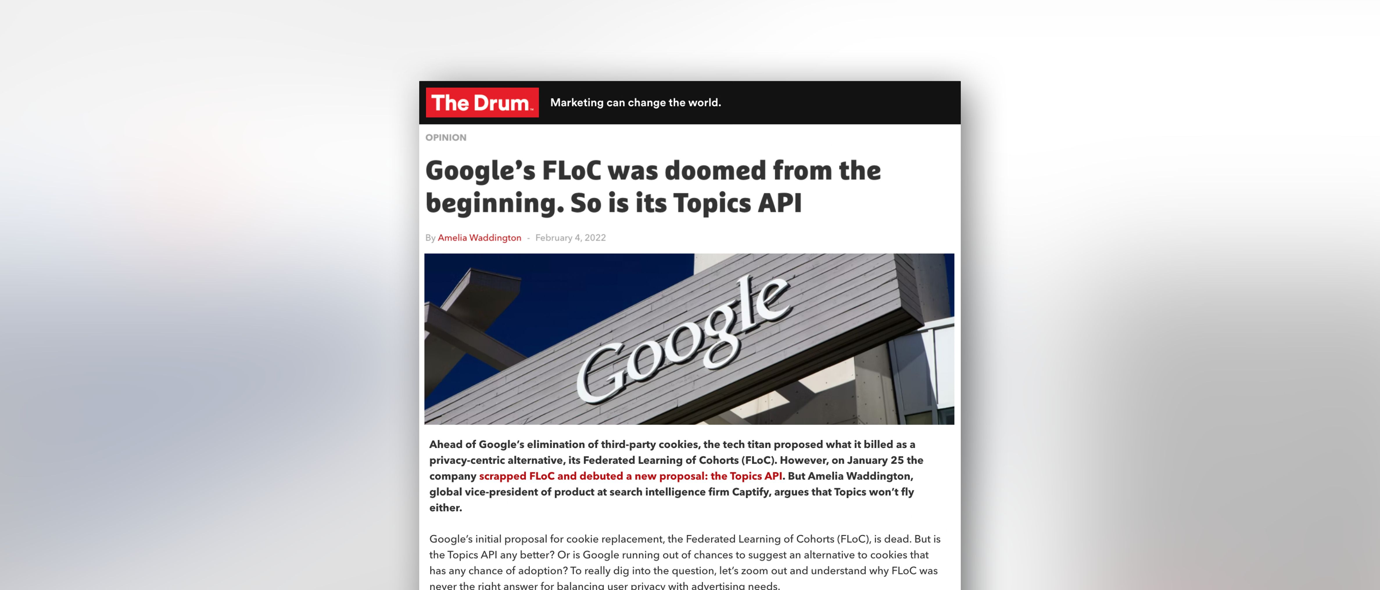 The Drum: Captify’s Global VP of Product, Amelia Waddington—Google’s FLoC Was Doomed From The Beginning. So Is Its Topics API