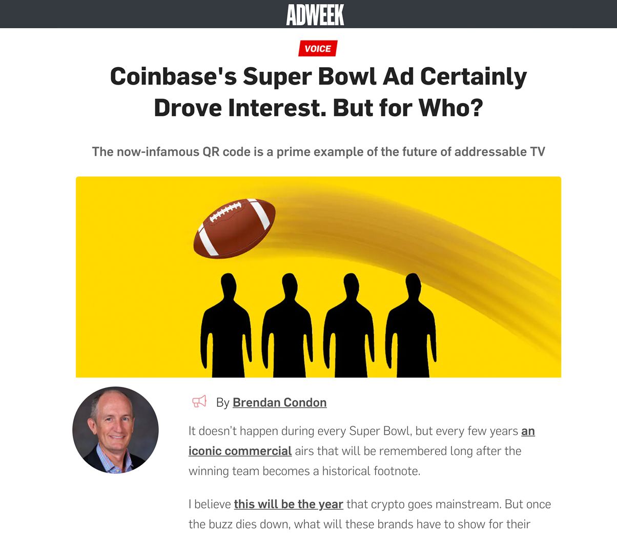 Adweek: Captify’s Global CRO, Brendan Condon—Coinbase’s Super Bowl Ad Certainly Drove Interest. But for Who?