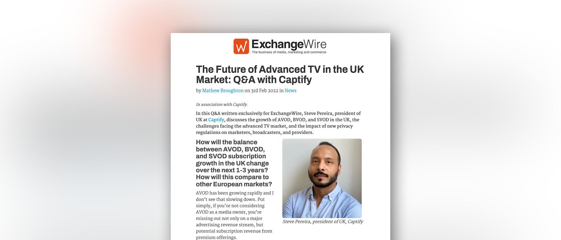 ExchangeWire: Captify’s Steve Pereira Discusses The Future of Advanced TV in the UK Market