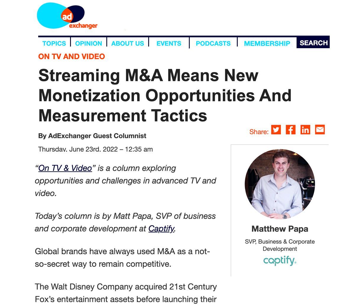AdExchanger: Captify’s Matthew Papa—Streaming M&A Means New Monetization Opportunities And Measurement Tactics