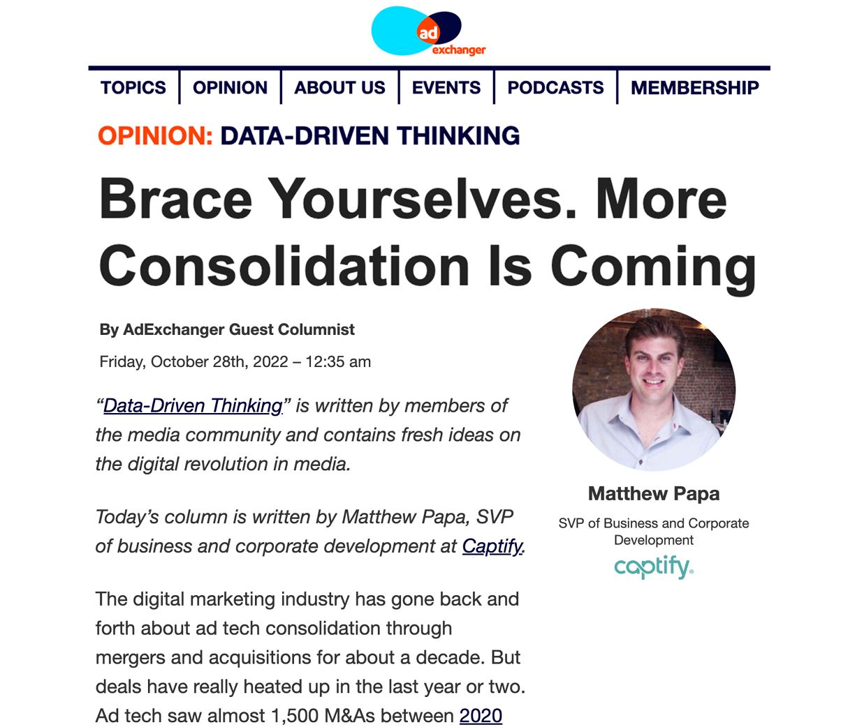 AdExchanger: Captify’s Matthew Papa—Brace Yourselves. More Consolidation Is Coming