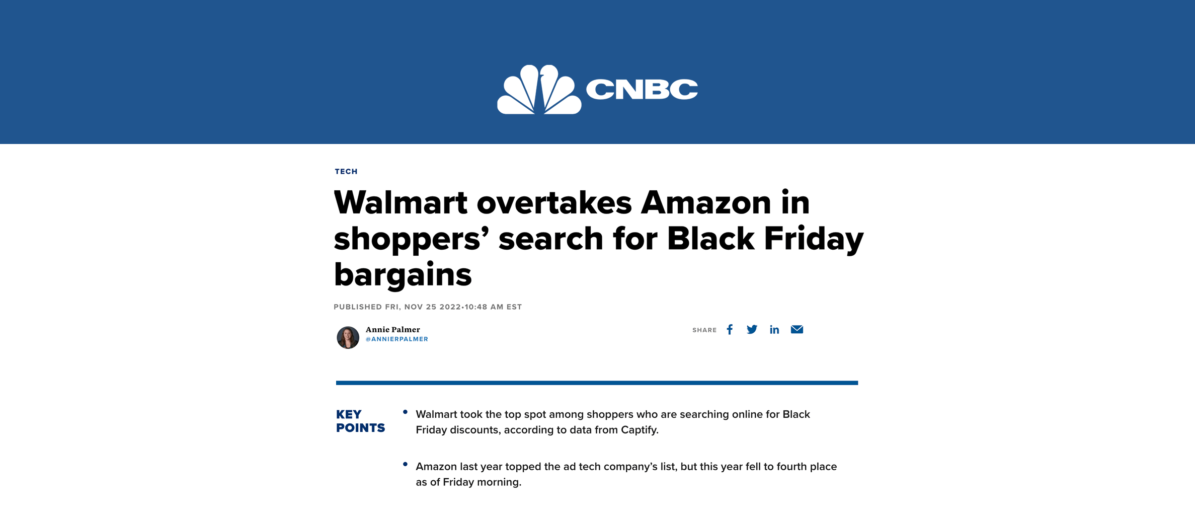 CNBC: Walmart overtakes Amazon in shoppers’ search for Black Friday bargains Captify reveals